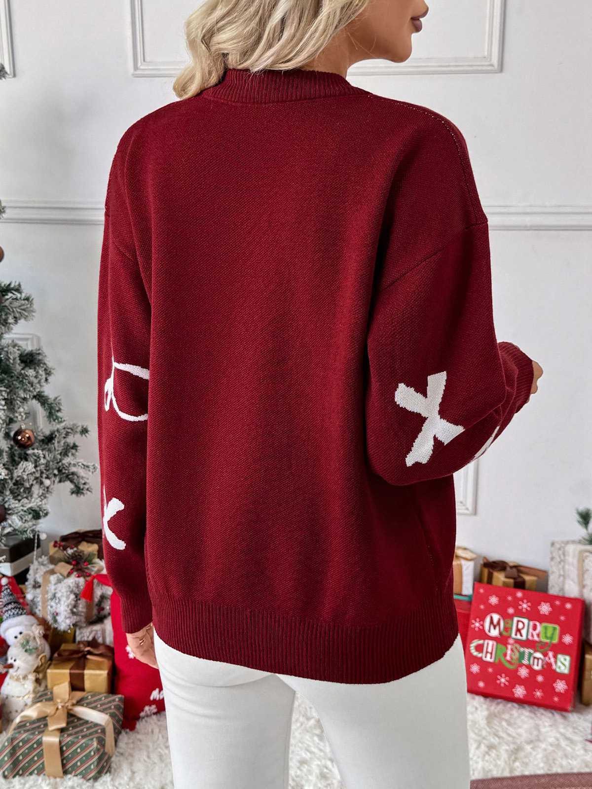 Wine Red 1950s Bowknot Pattern Sweater - Image 4