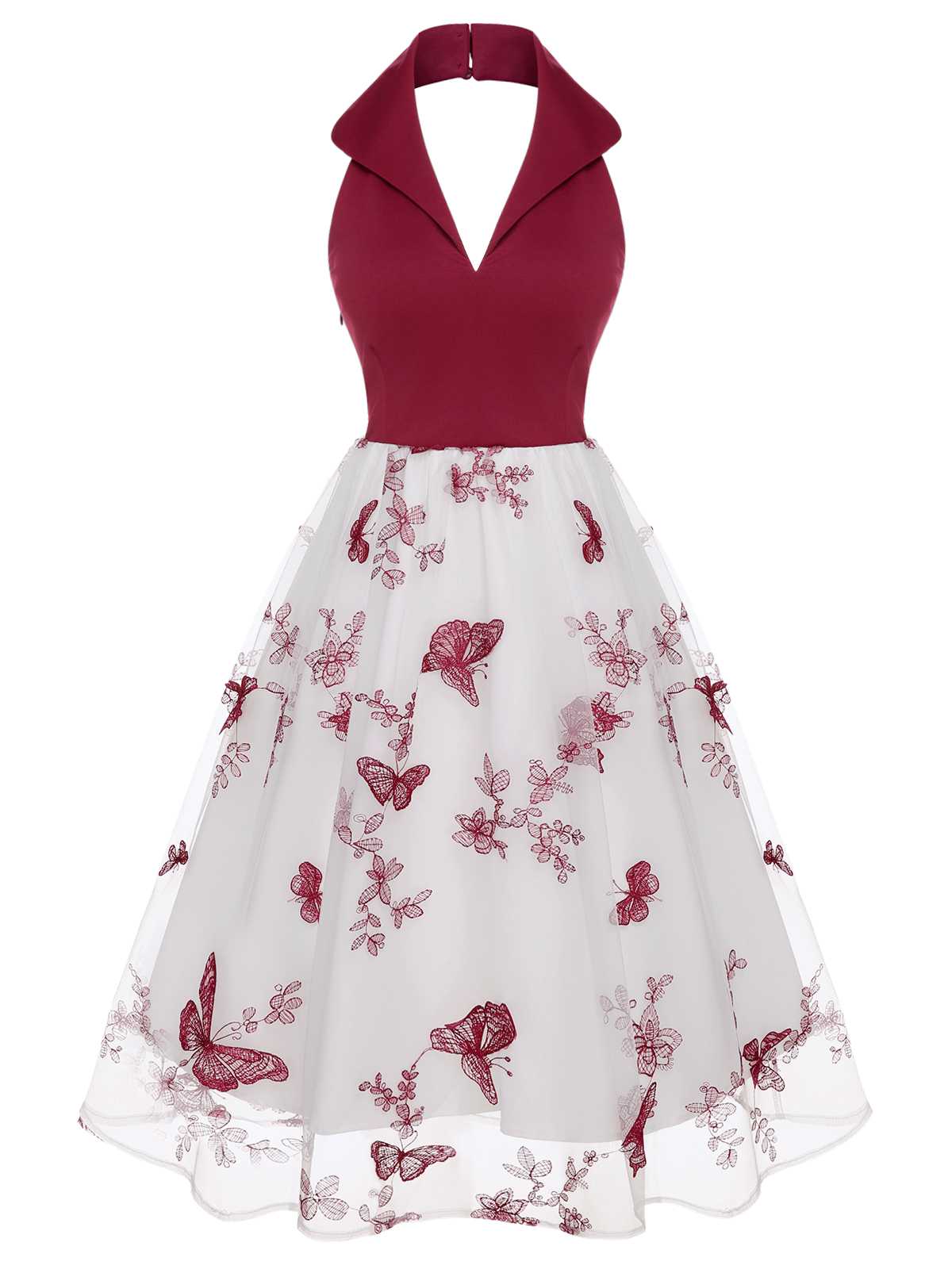 Wine Red 1950s Butterfly Lapel Mesh Dress - Image 2