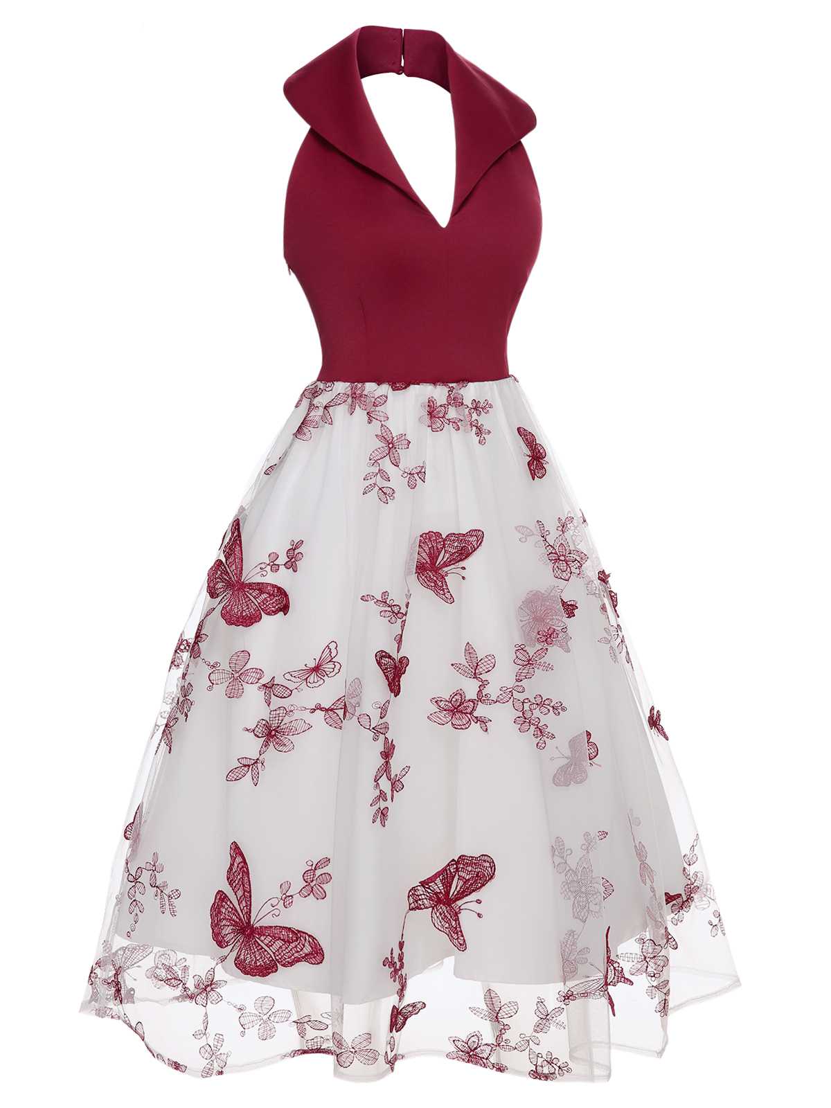 Wine Red 1950s Butterfly Lapel Mesh Dress - Image 3