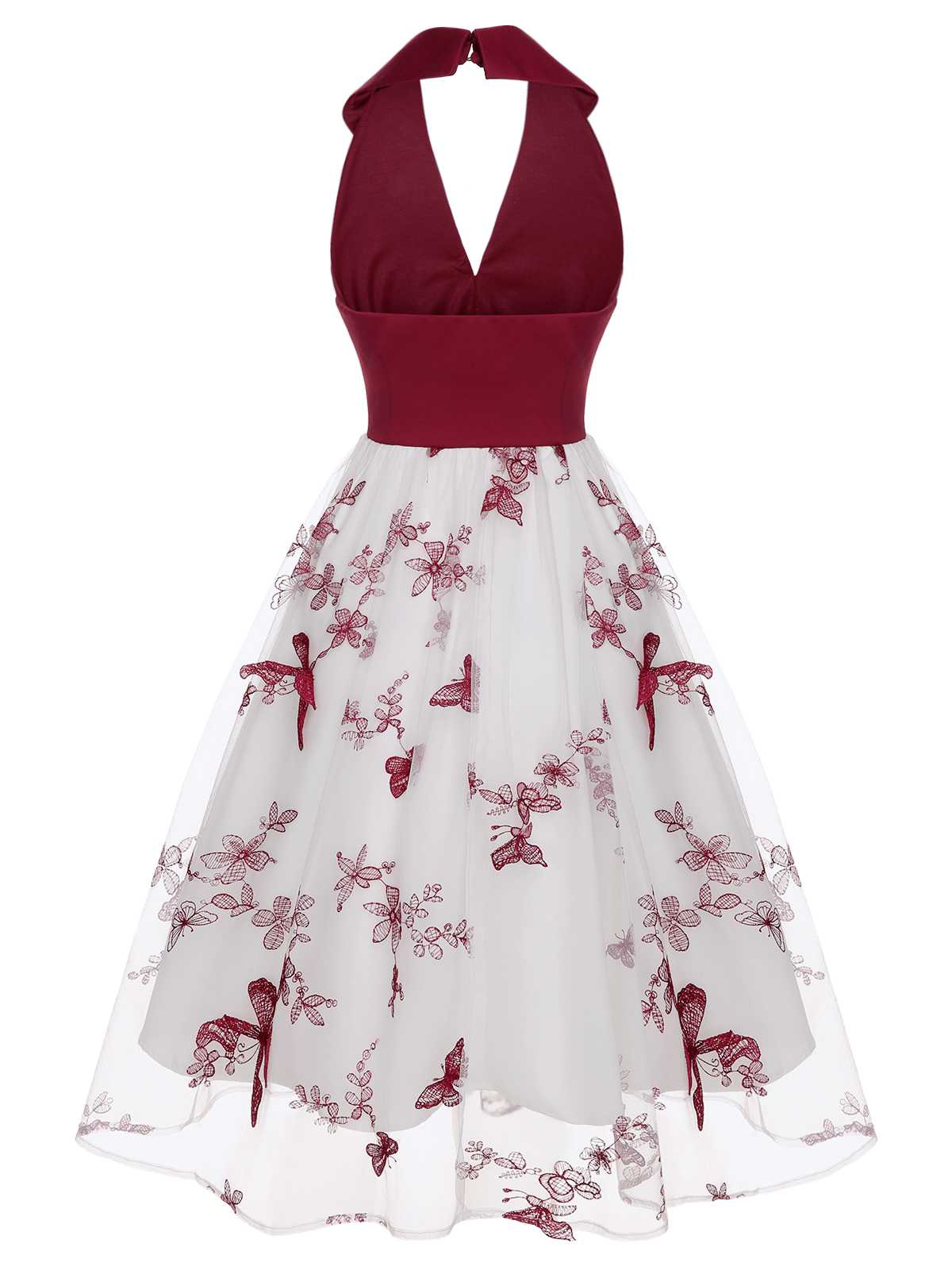 Wine Red 1950s Butterfly Lapel Mesh Dress - Image 4