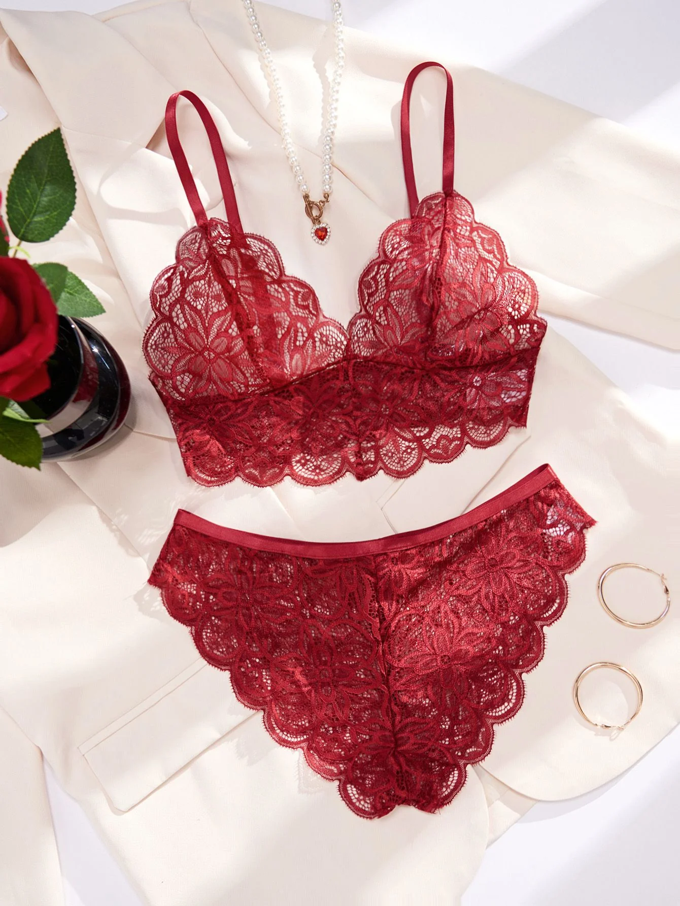 Wine Red 1950s Floral Lace Lingerie Set - Image 3