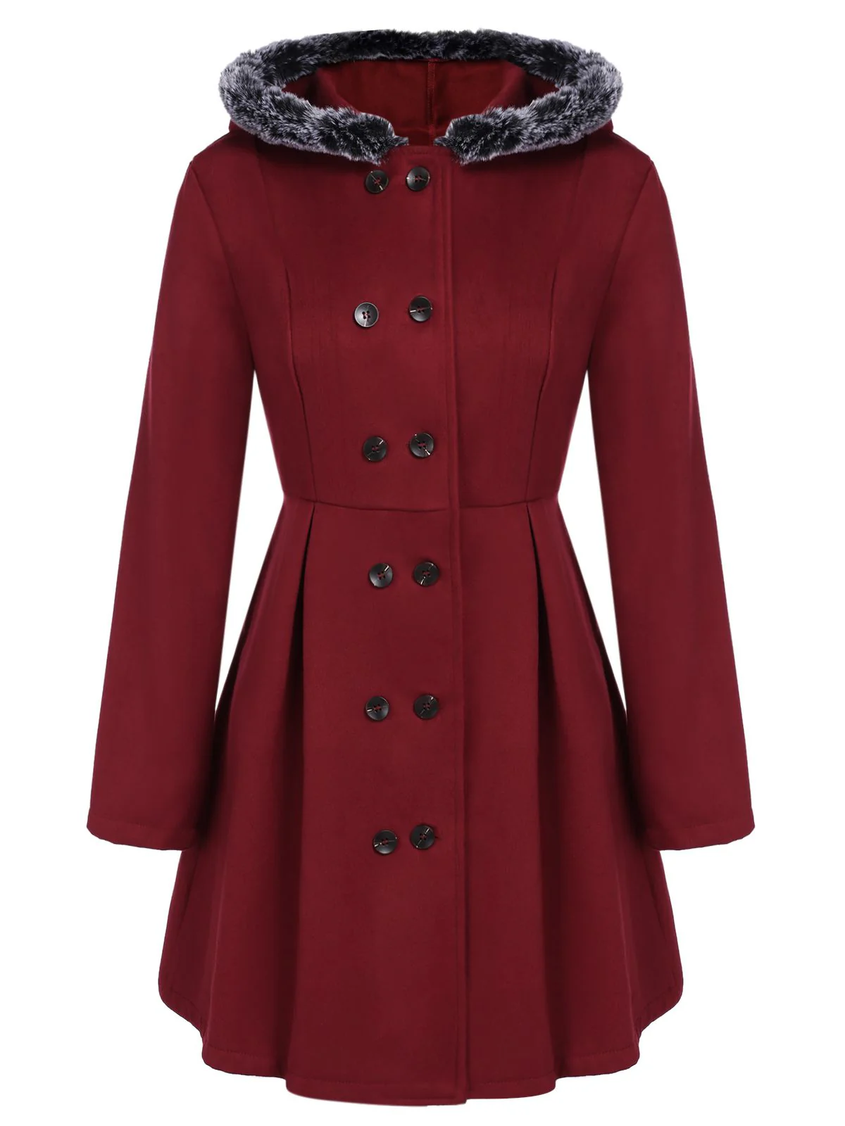 Wine Red 1950s Fur Collar Hooded Coat - Image 2