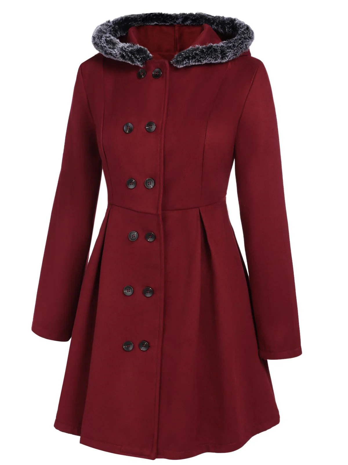 Wine Red 1950s Fur Collar Hooded Coat - Image 3