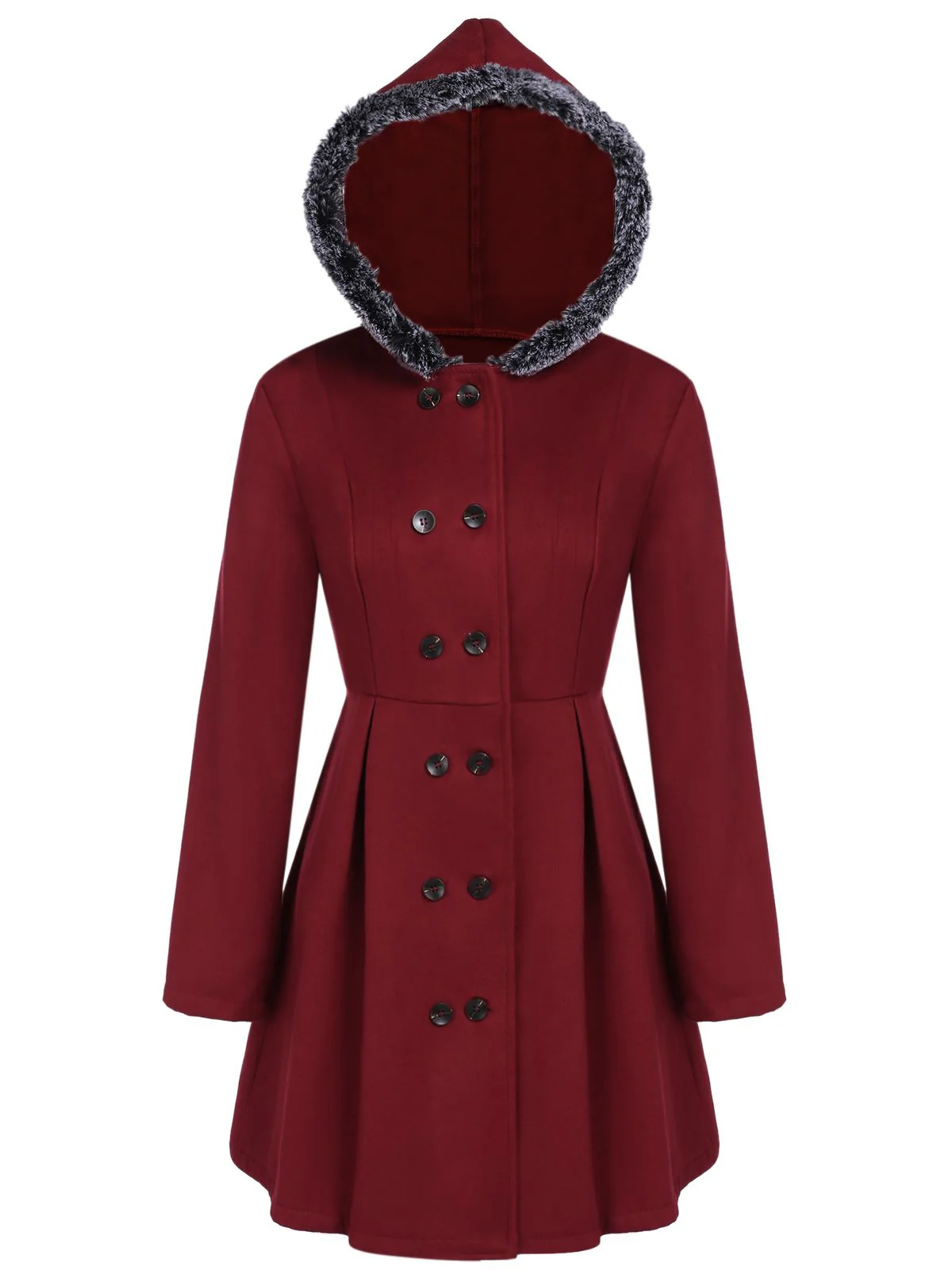 Wine Red 1950s Fur Collar Hooded Coat - Image 5