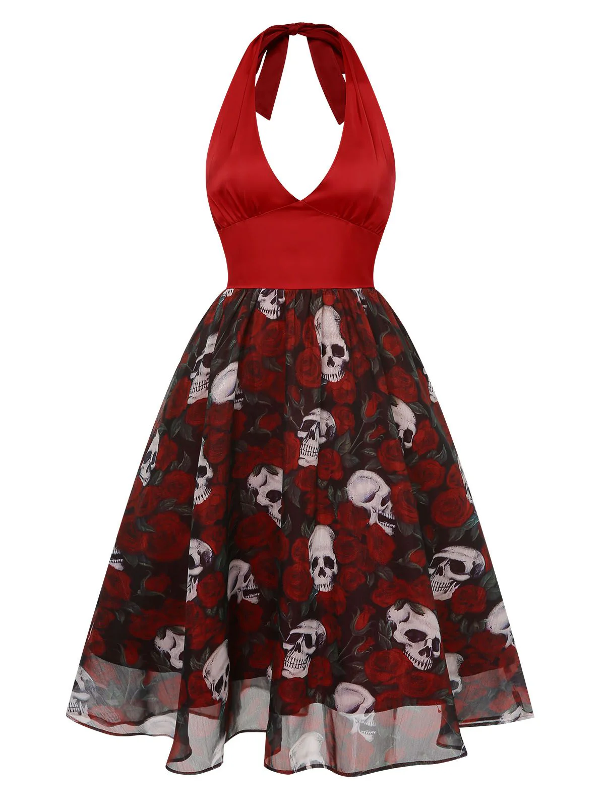 Wine Red 1950s Halter Haloween Roses Skeleton Mesh Dress - Image 2