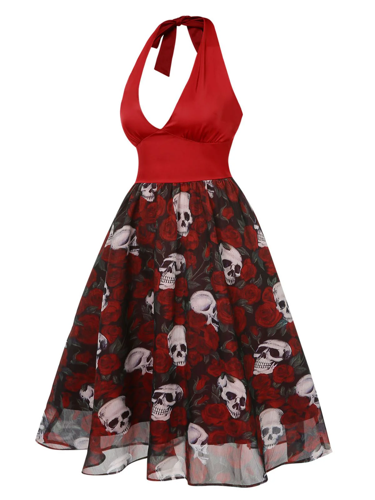 Wine Red 1950s Halter Haloween Roses Skeleton Mesh Dress - Image 3