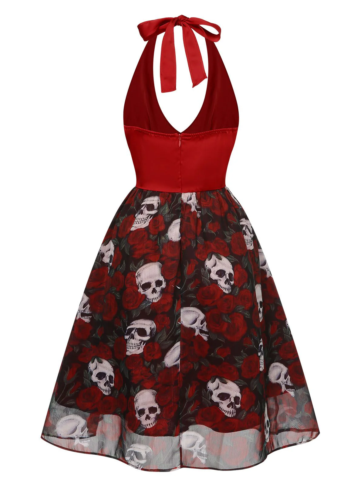 Wine Red 1950s Halter Haloween Roses Skeleton Mesh Dress - Image 4