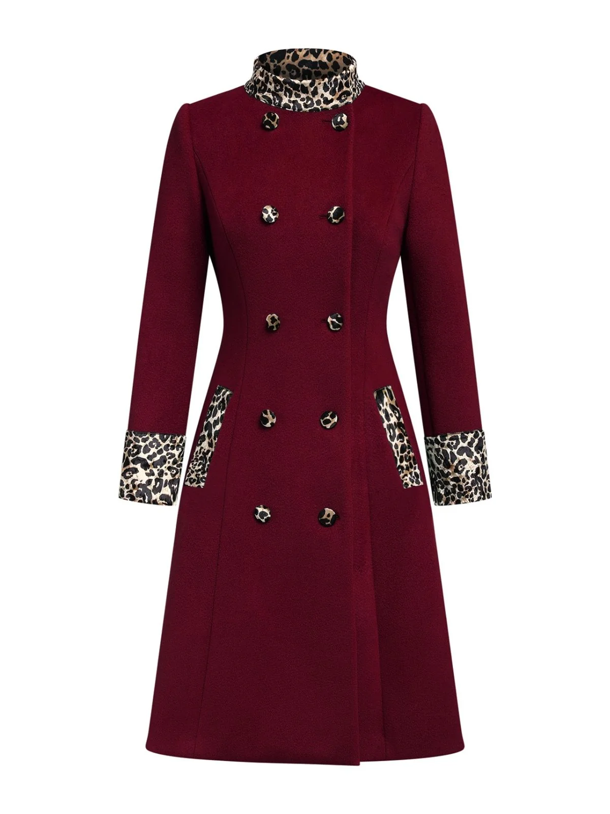 Wine Red 1950s Leopard Patchwork Button Coat - Image 2