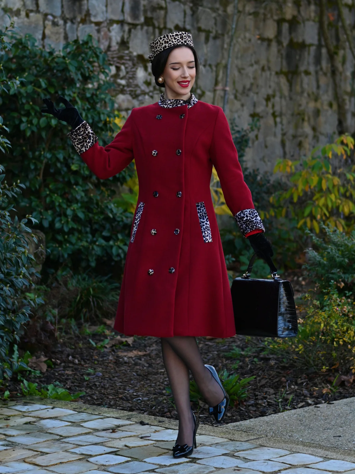 Wine Red 1950s Leopard Patchwork Button Coat - Image 2