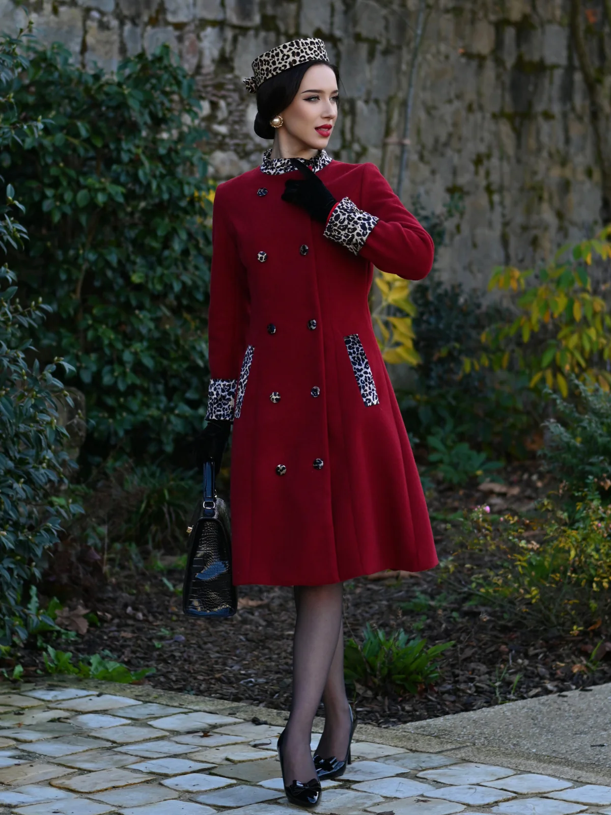 Wine Red 1950s Leopard Patchwork Button Coat - Image 3
