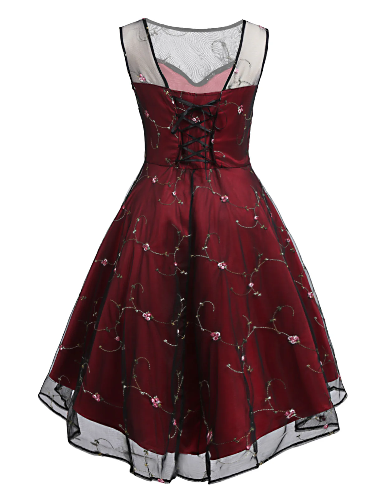 Wine Red 1950s Mesh Hi-Lo Back Lace Up Dress - Image 2
