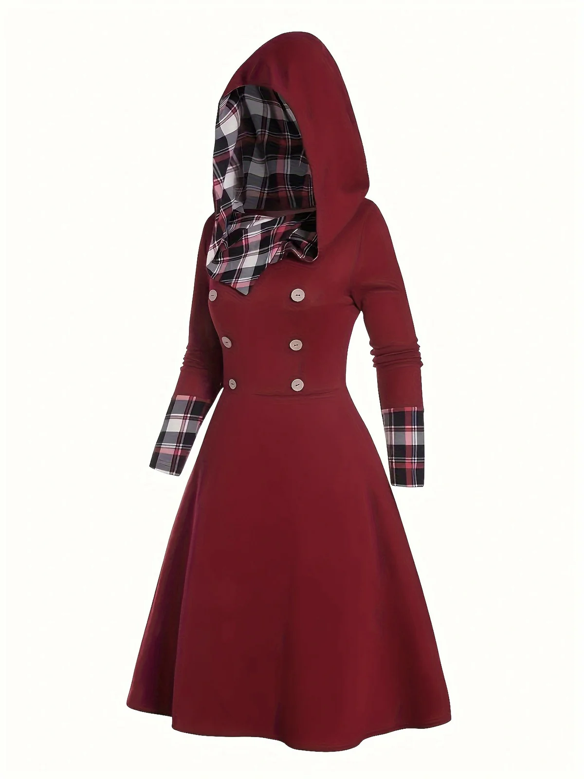 Wine Red 1950s Plaid Patchwork Hooded Dress - Image 2