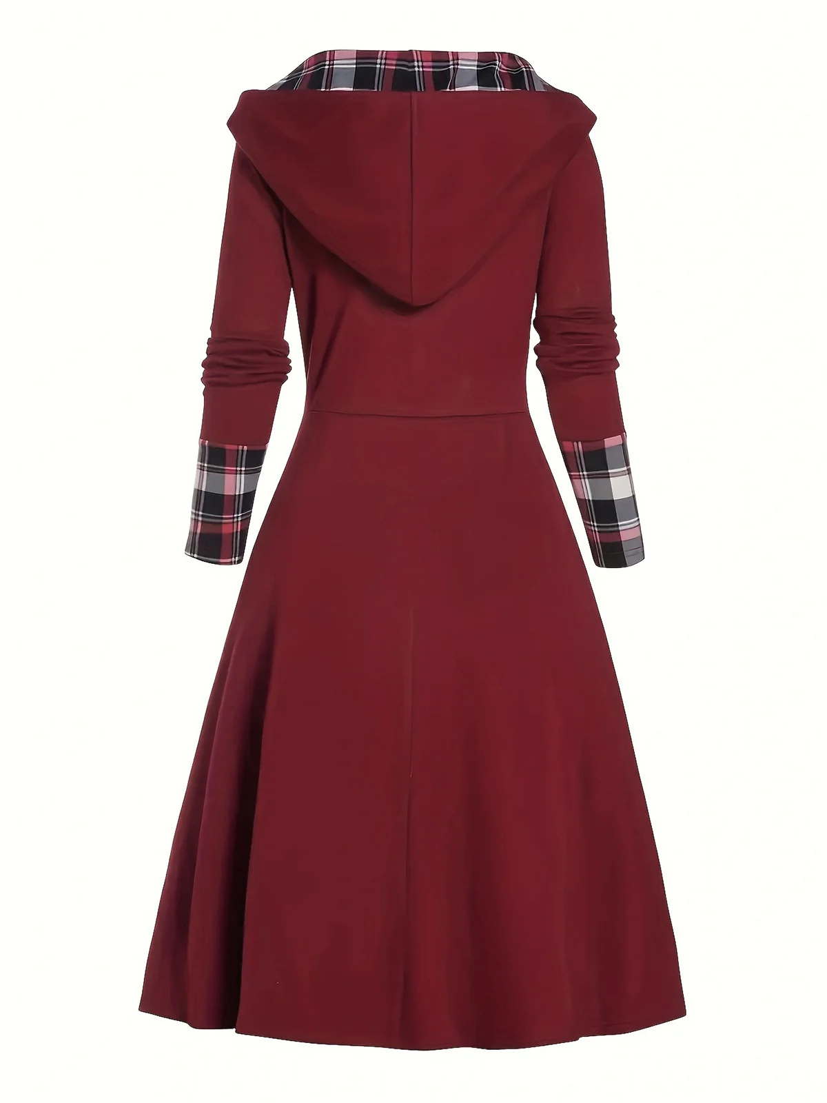 Wine Red 1950s Plaid Patchwork Hooded Dress - Image 3