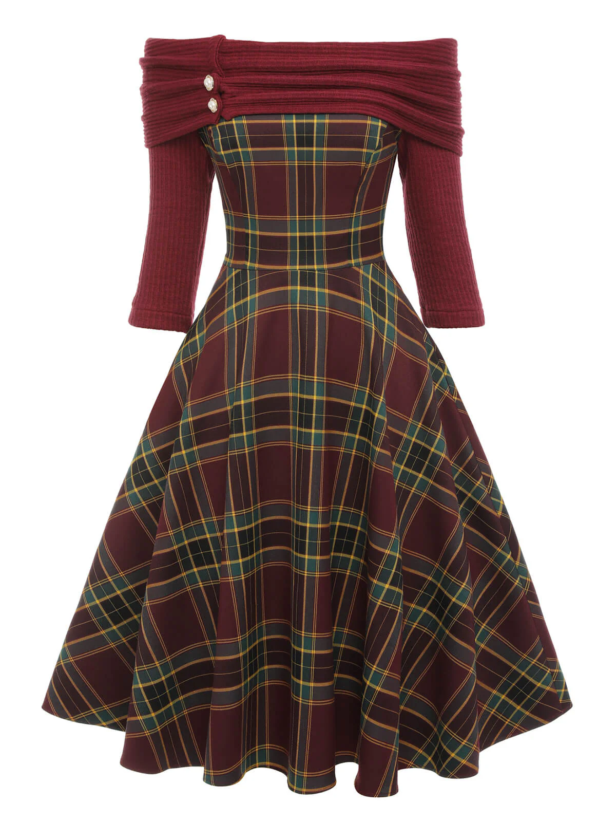 Wine Red 1950s Plaids Off-Shoulder Dress - Image 2