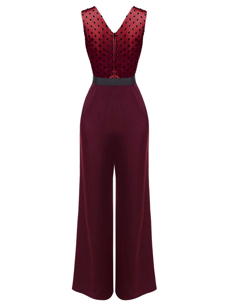 Wine Red 1930s Polka Dot Belt Jumpsuit - Image 2