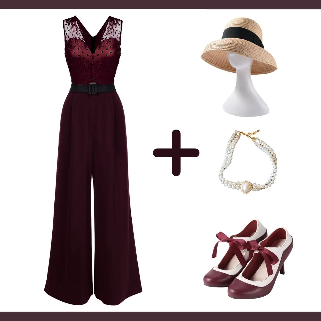 Wine Red 1930s Polka Dot Belt Jumpsuit - Image 3