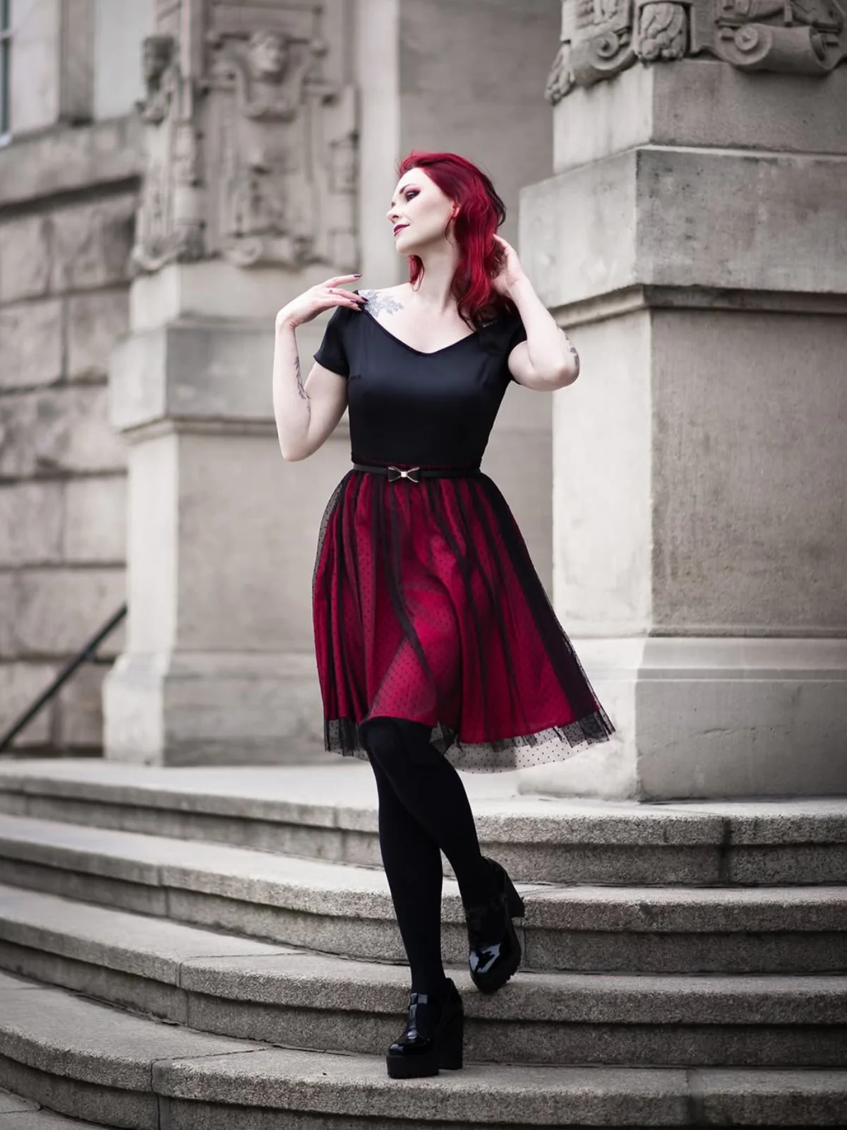 Wine Red 1950s Polka Dots Drop Shoulder Belt Dress - Image 2
