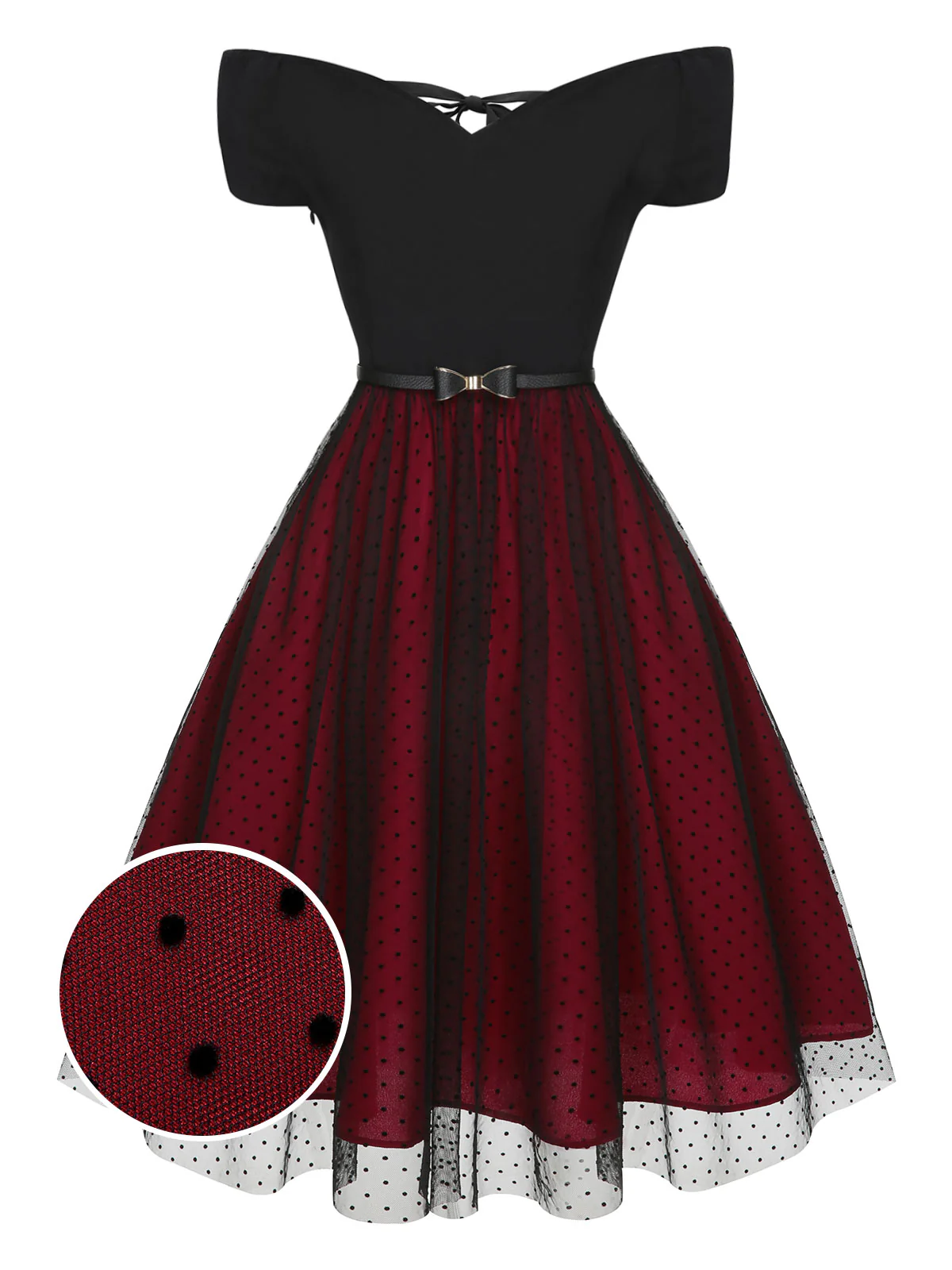 Wine Red 1950s Polka Dots Drop Shoulder Belt Dress - Image 2