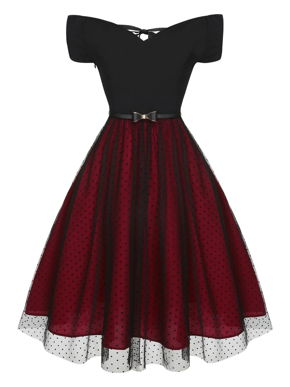 Wine Red 1950s Polka Dots Drop Shoulder Belt Dress - Image 3