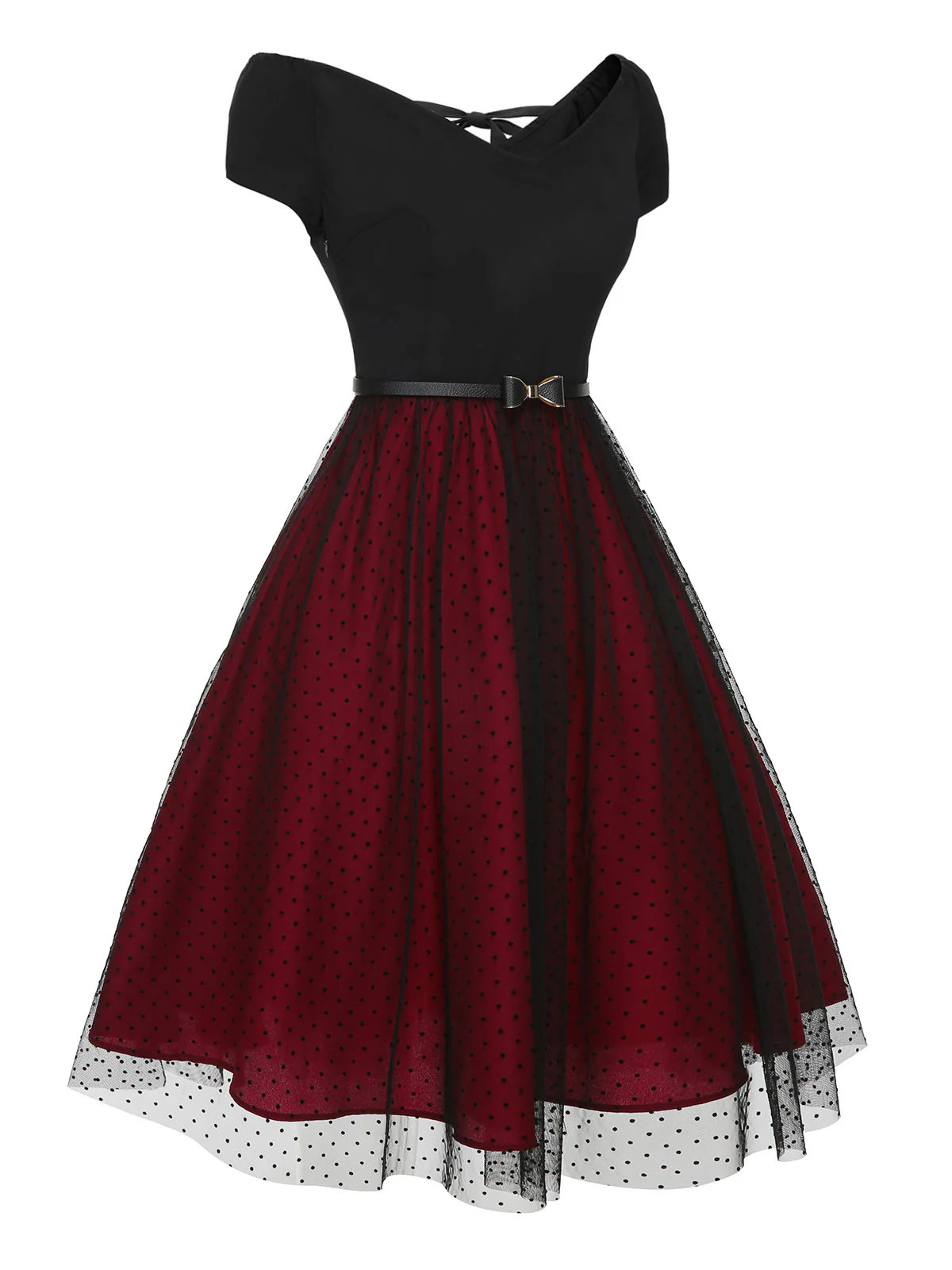 Wine Red 1950s Polka Dots Drop Shoulder Belt Dress - Image 4
