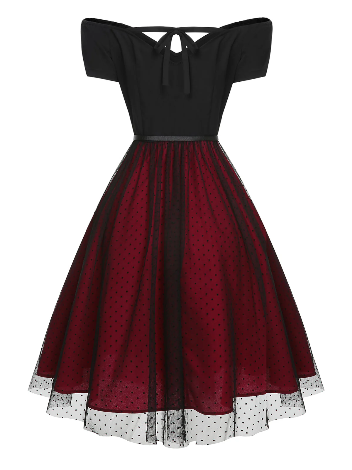 Wine Red 1950s Polka Dots Drop Shoulder Belt Dress - Image 5