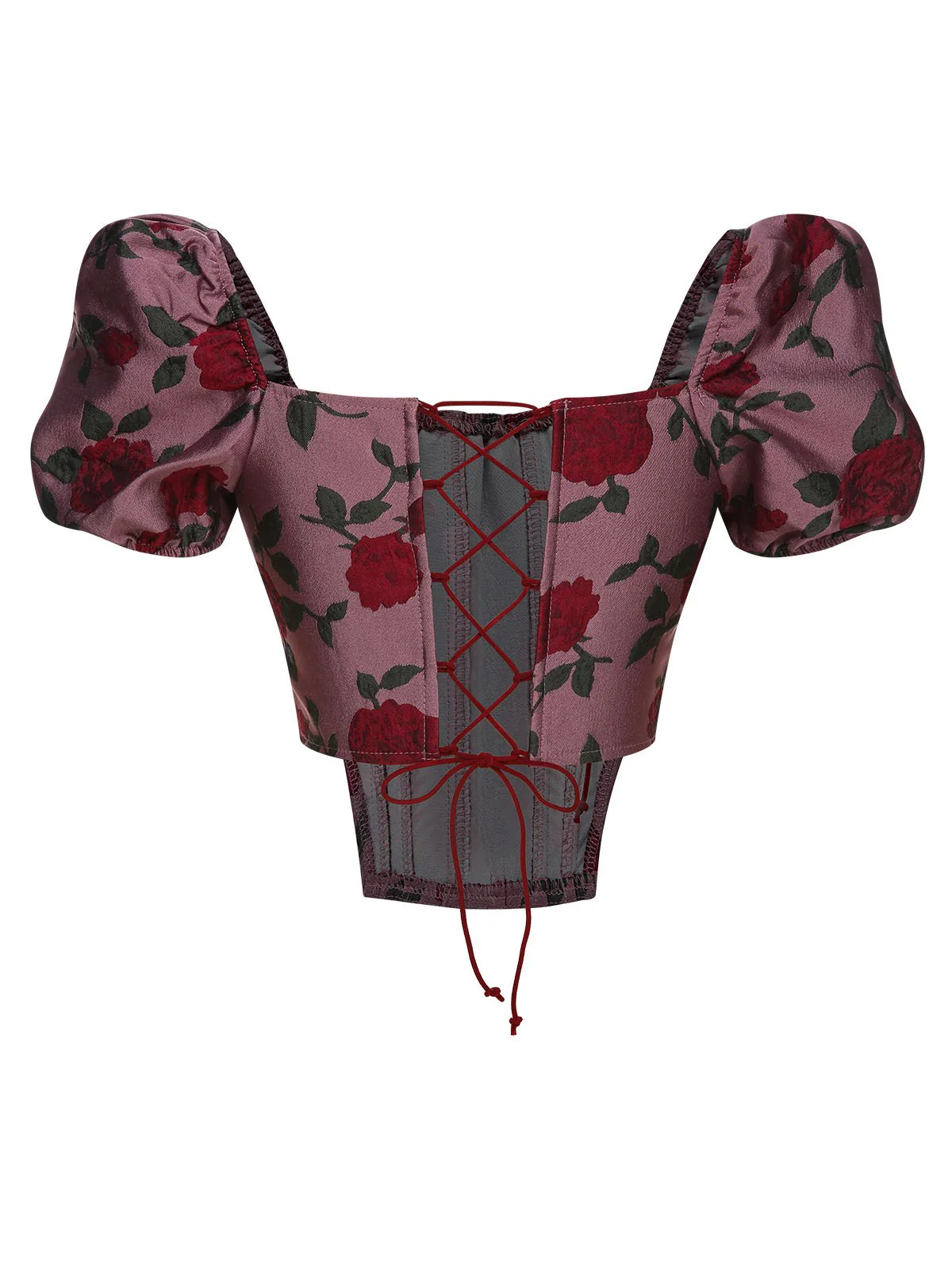 Wine Red 1950s Rose Puff Sleeves Top - Image 2