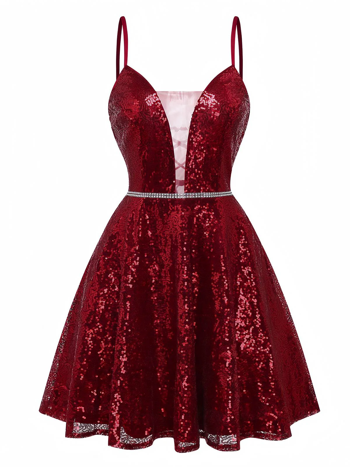 Wine Red 1950s Sequin Deep-V Mesh Dress - Image 2