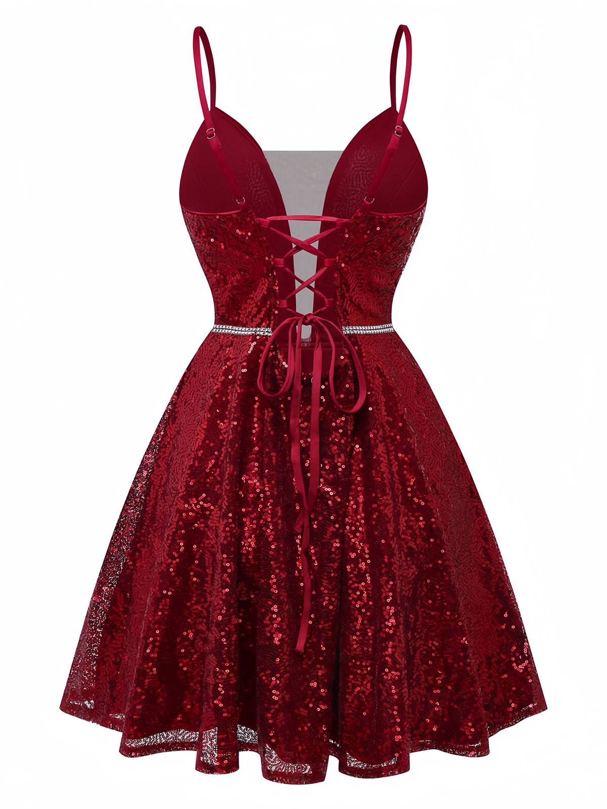 Wine Red 1950s Sequin Deep-V Mesh Dress - Image 3