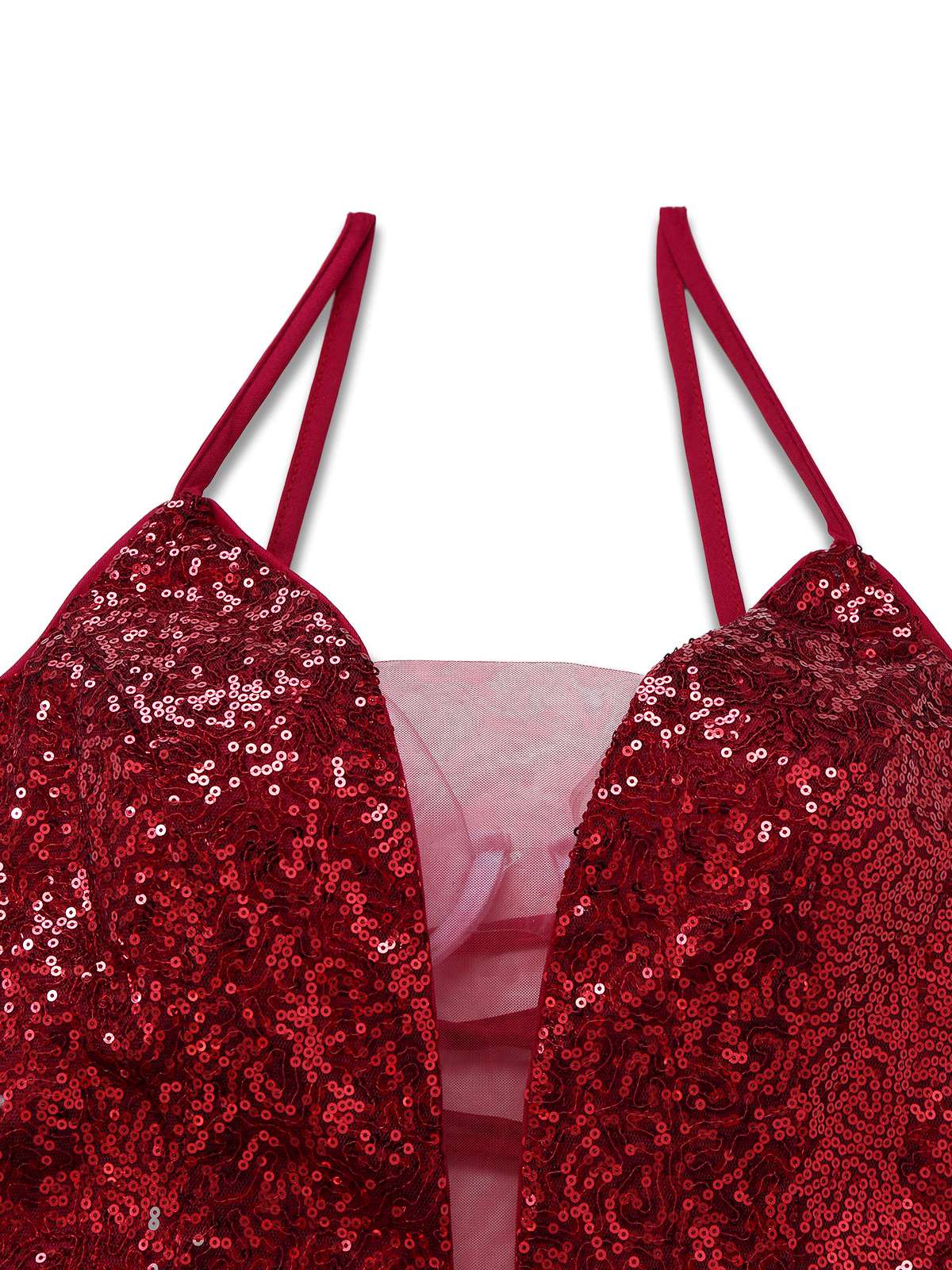 Wine Red 1950s Sequin Deep-V Mesh Dress - Image 4