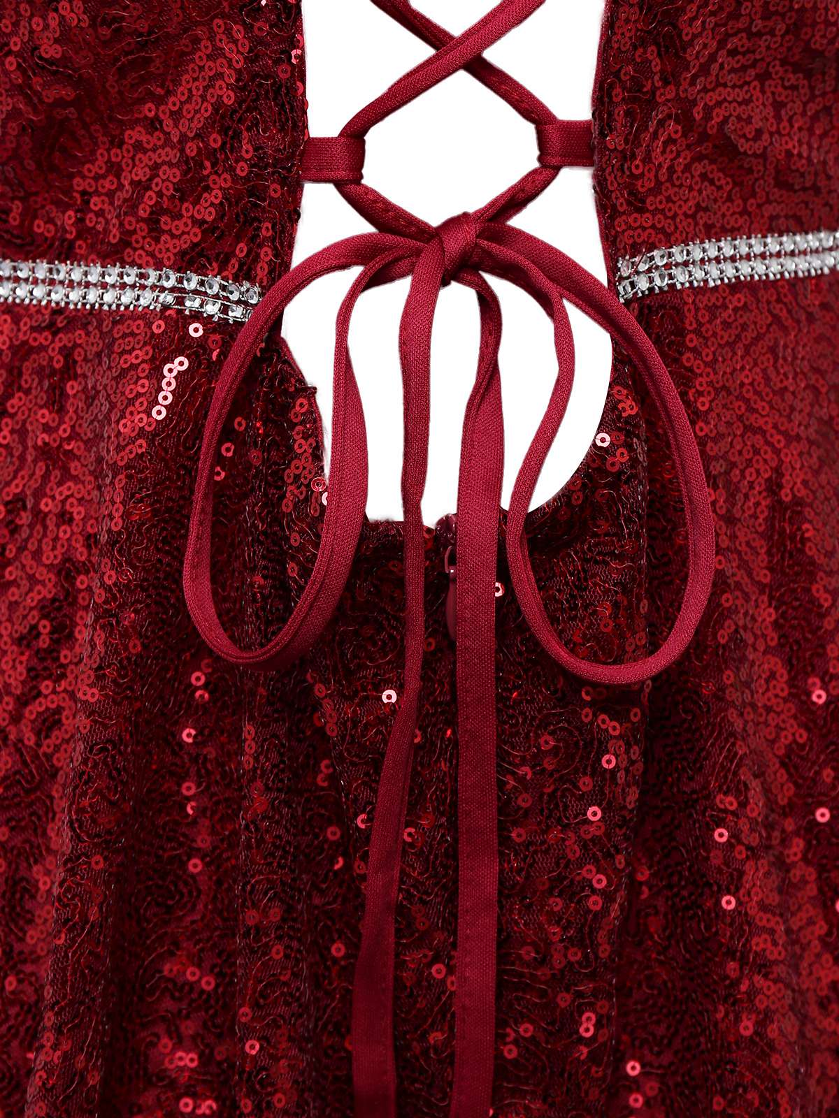 Wine Red 1950s Sequin Deep-V Mesh Dress - Image 5