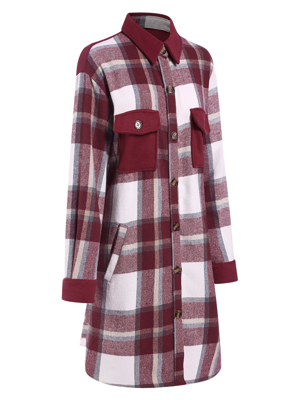 Wine Red 1950s Shirt Collar Tartan Plaid Coat - Image 3