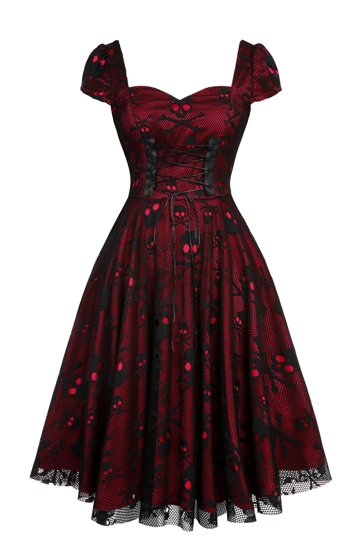 Wine Red 1950s Skull Mesh Swing Dress - Image 2