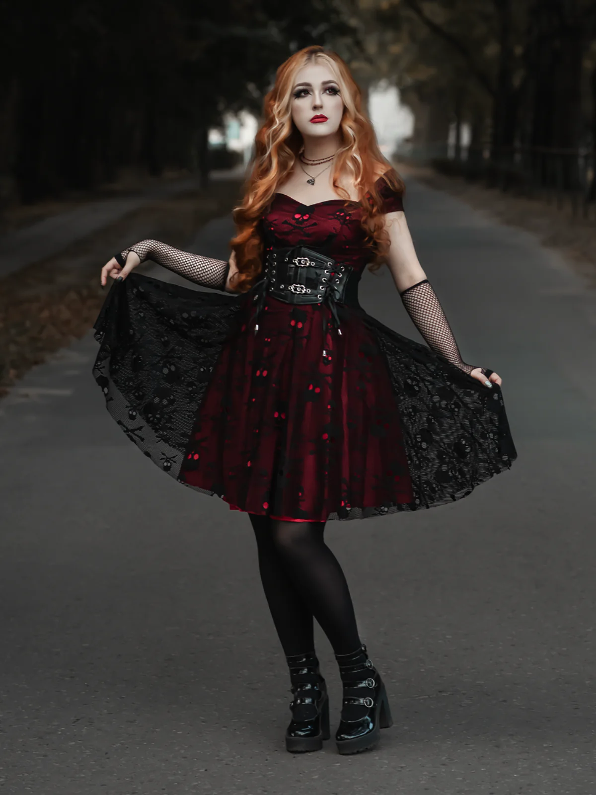 Wine Red 1950s Skull Mesh Swing Dress - Image 2
