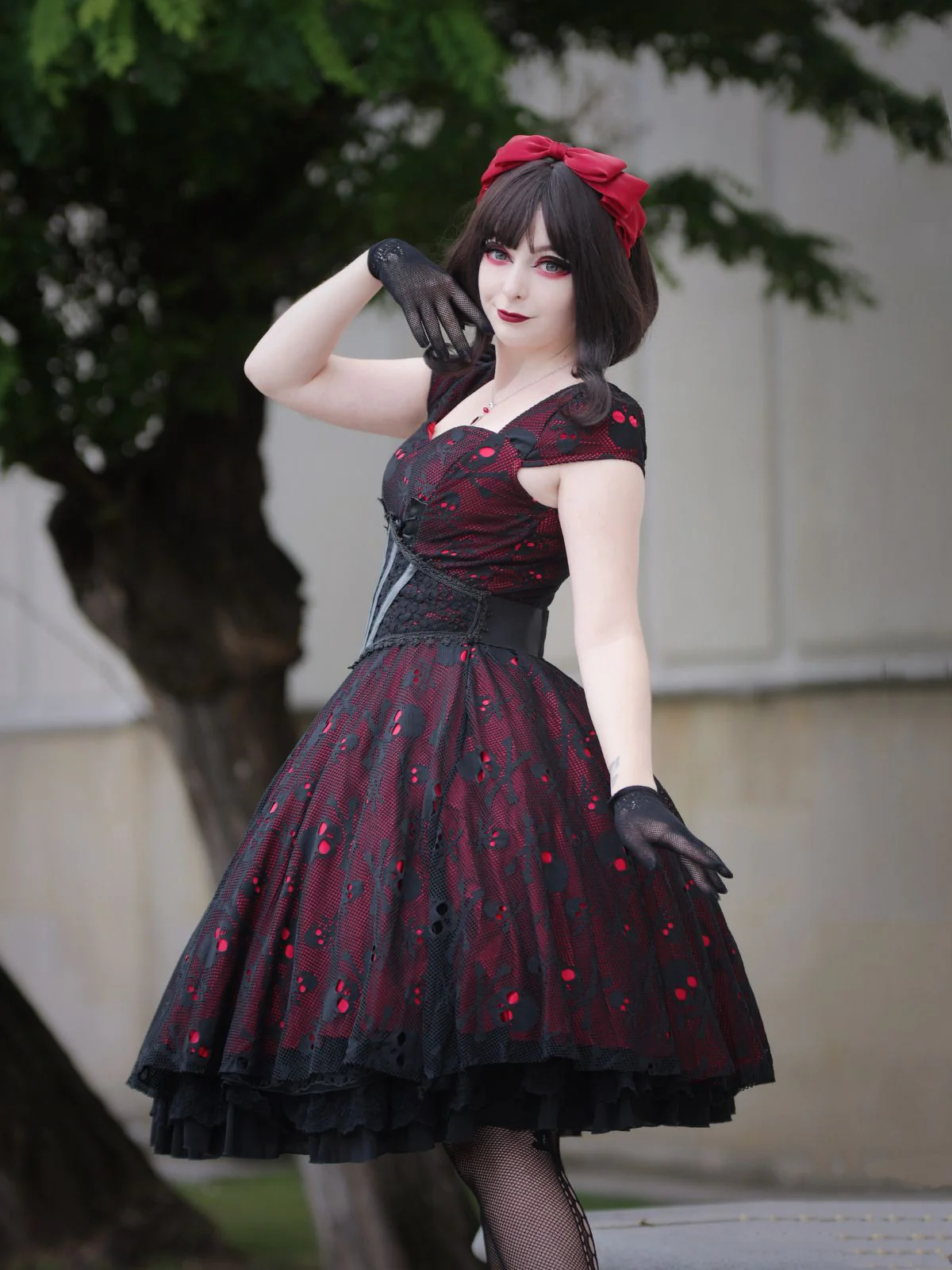 Wine Red 1950s Skull Mesh Swing Dress - Image 4