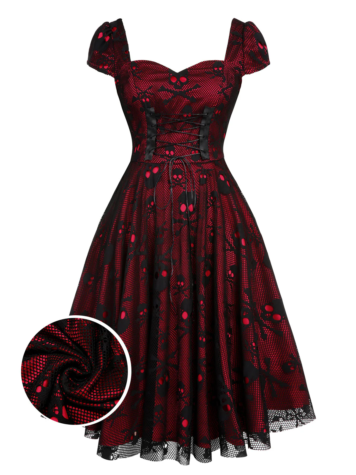 Wine Red 1950s Skull Mesh Swing Dress - Image 2