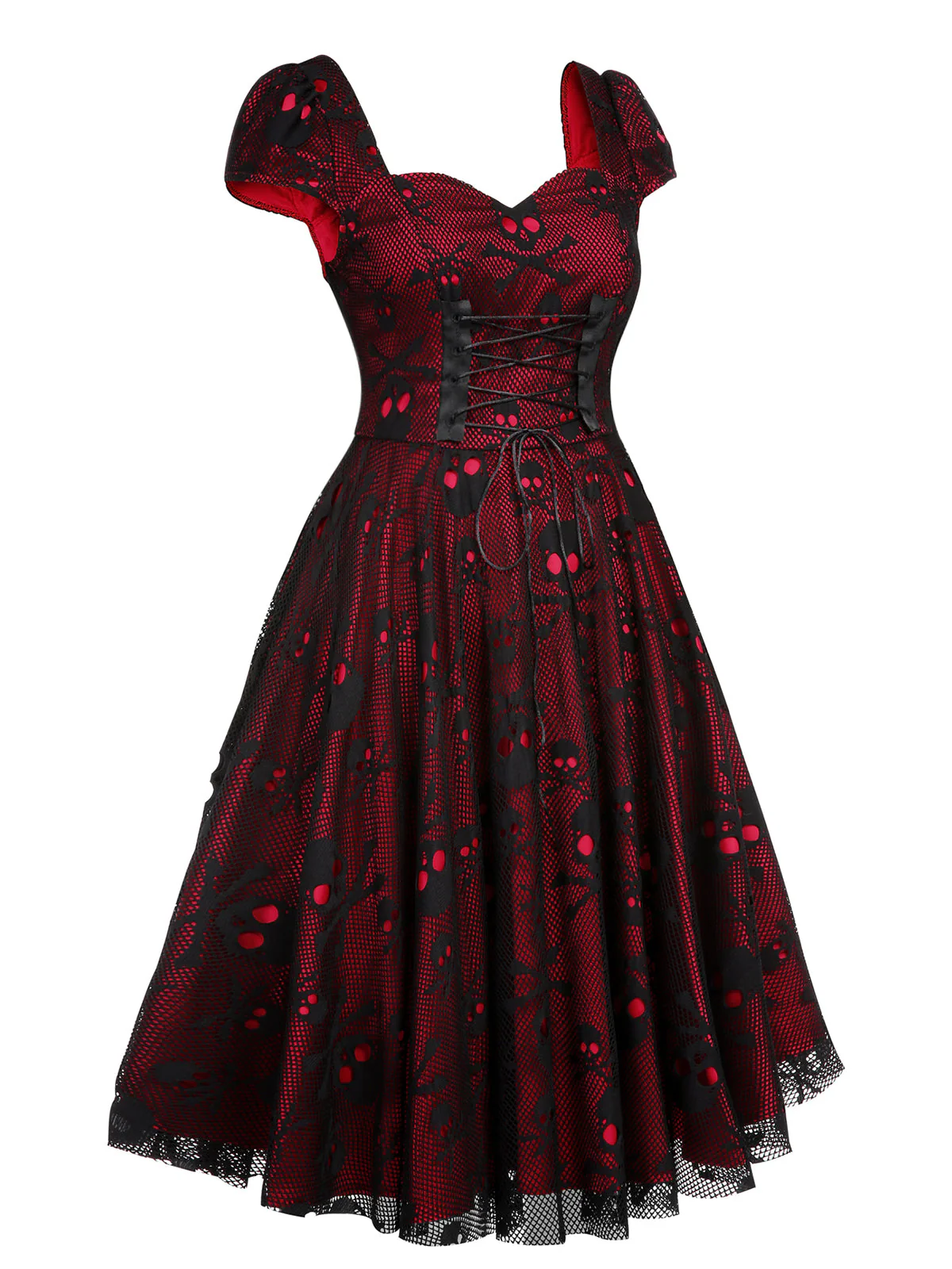 Wine Red 1950s Skull Mesh Swing Dress - Image 5