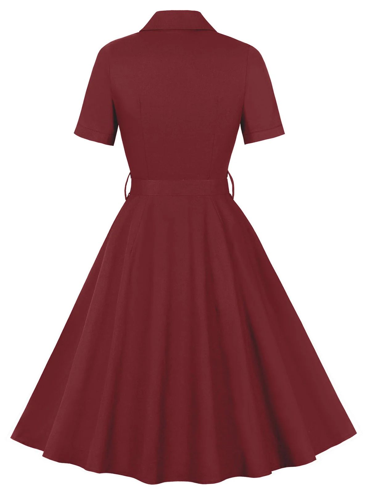 Wine Red 1950s Solid Lapel Belted Dress - Image 2