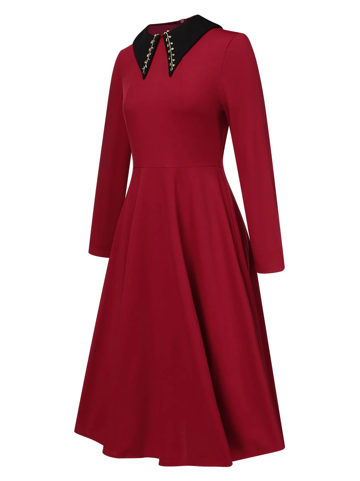 Wine Red 1950s Solid Rhinestone Lapel Dress - Image 2