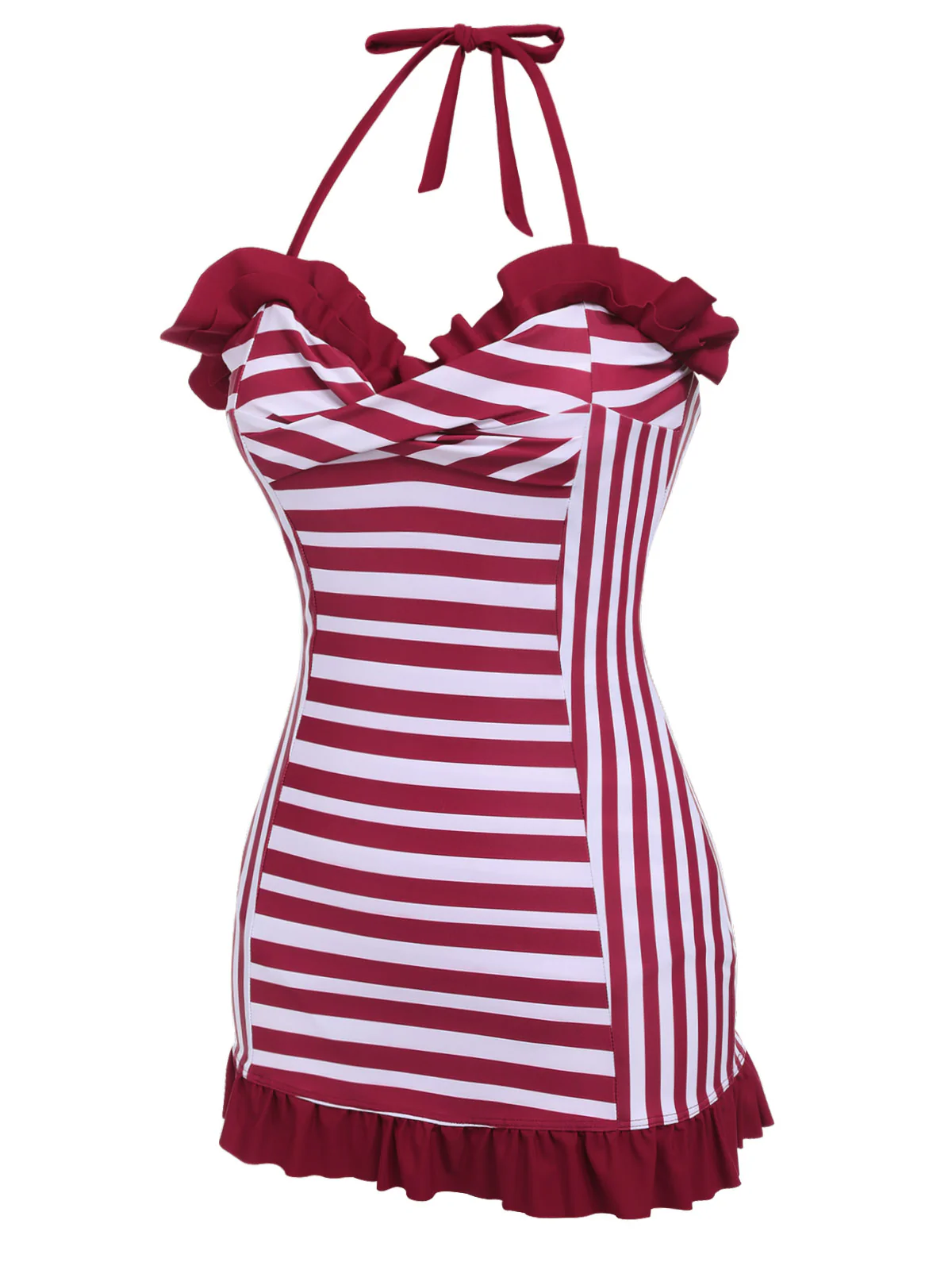Wine Red 1950s Stripe Heart Collar Swimsuit - Image 3