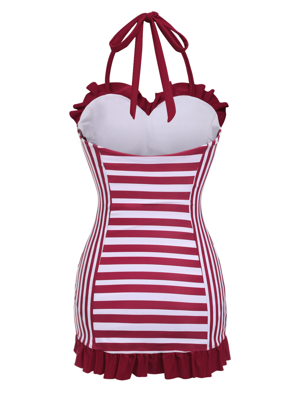Wine Red 1950s Stripe Heart Collar Swimsuit - Image 4