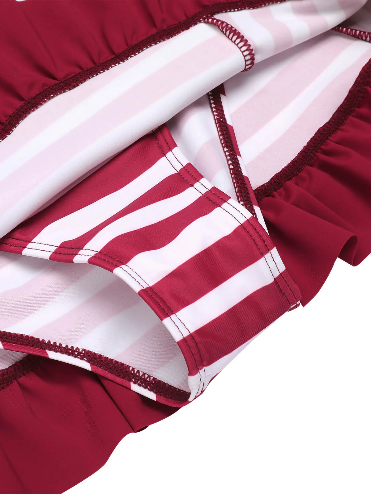 Wine Red 1950s Stripe Heart Collar Swimsuit - Image 6