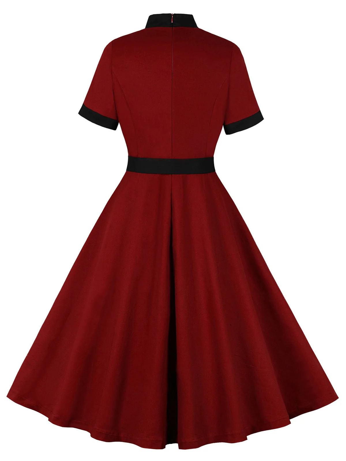 Wine Red 1950s Tie Neck Contrast Patchwork Dress - Image 2