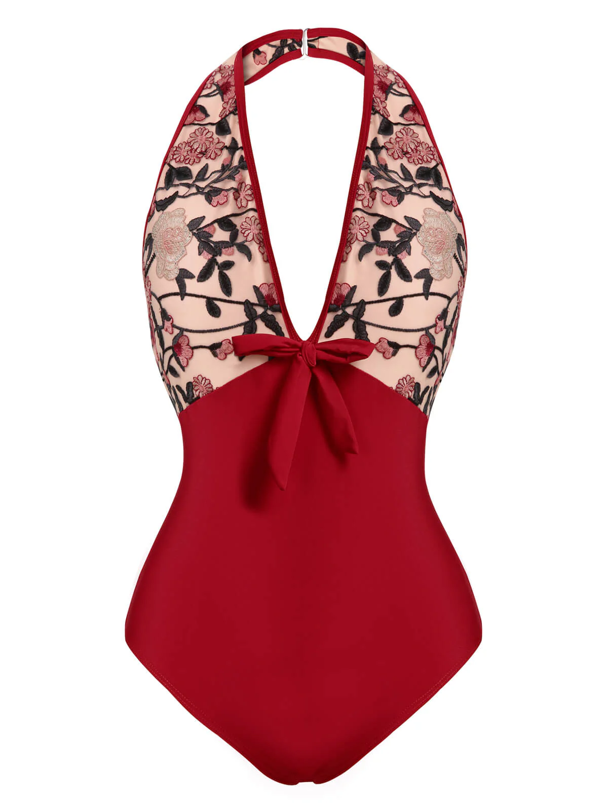 Wine Red 1950s Floral Backless Swimsuit - Image 2
