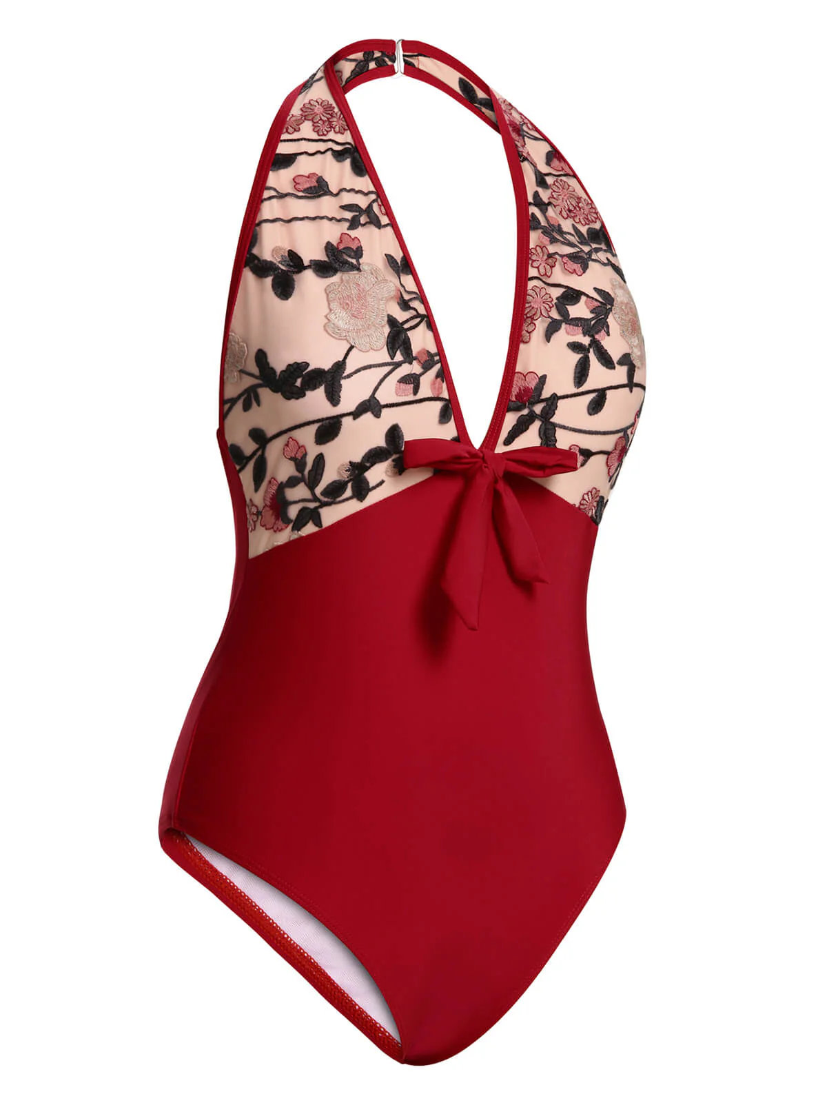 Wine Red 1950s Floral Backless Swimsuit - Image 3