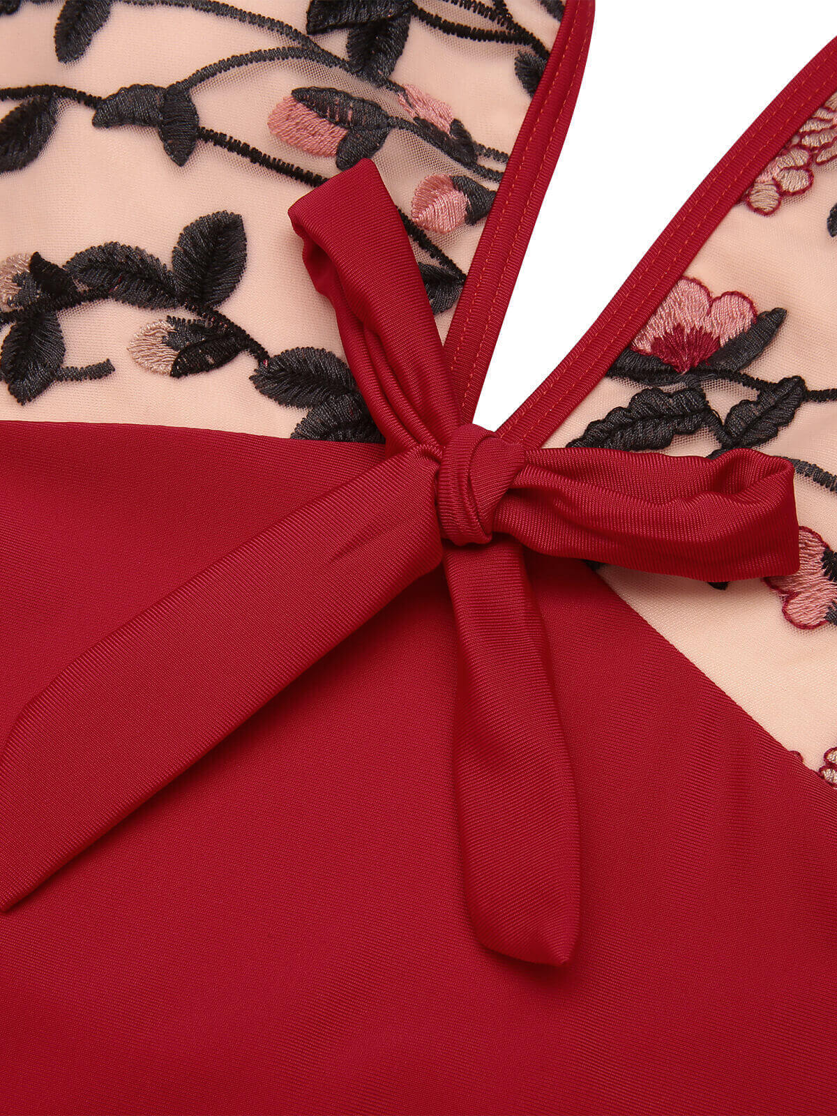 Wine Red 1950s Floral Backless Swimsuit - Image 7