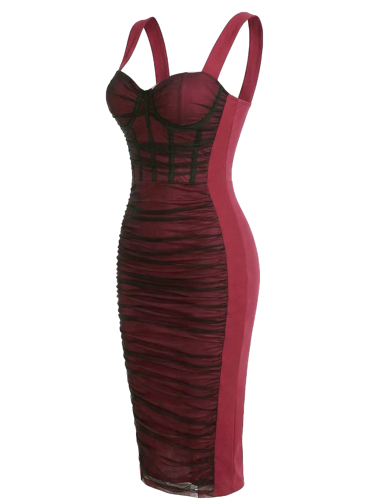 Wine Red 1960s Color Block Bodycon Ruched Mesh Dress - Image 2