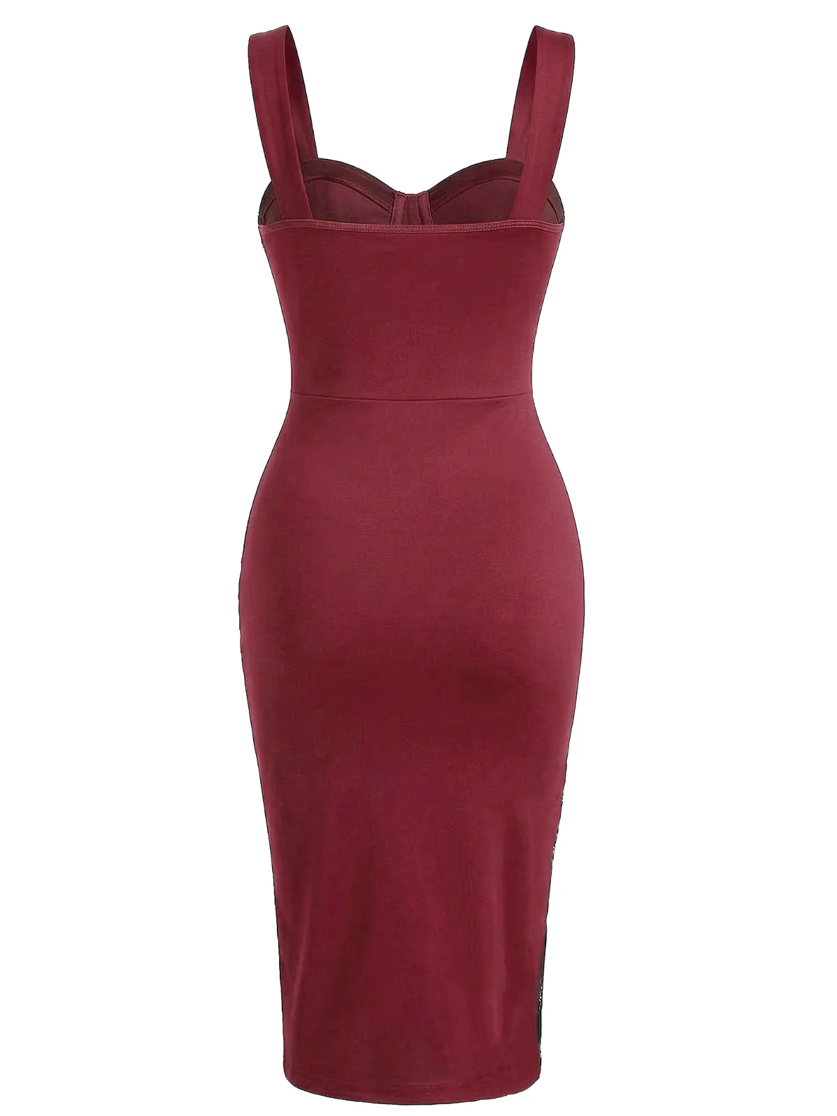Wine Red 1960s Color Block Bodycon Ruched Mesh Dress - Image 3