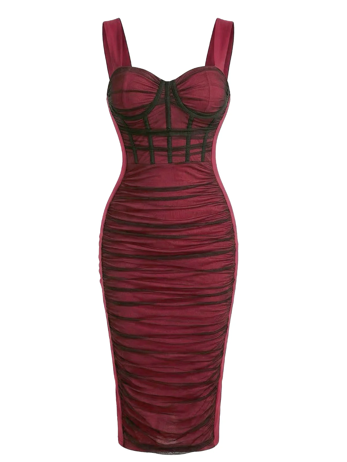 Wine Red 1960s Color Block Bodycon Ruched Mesh Dress - Image 4
