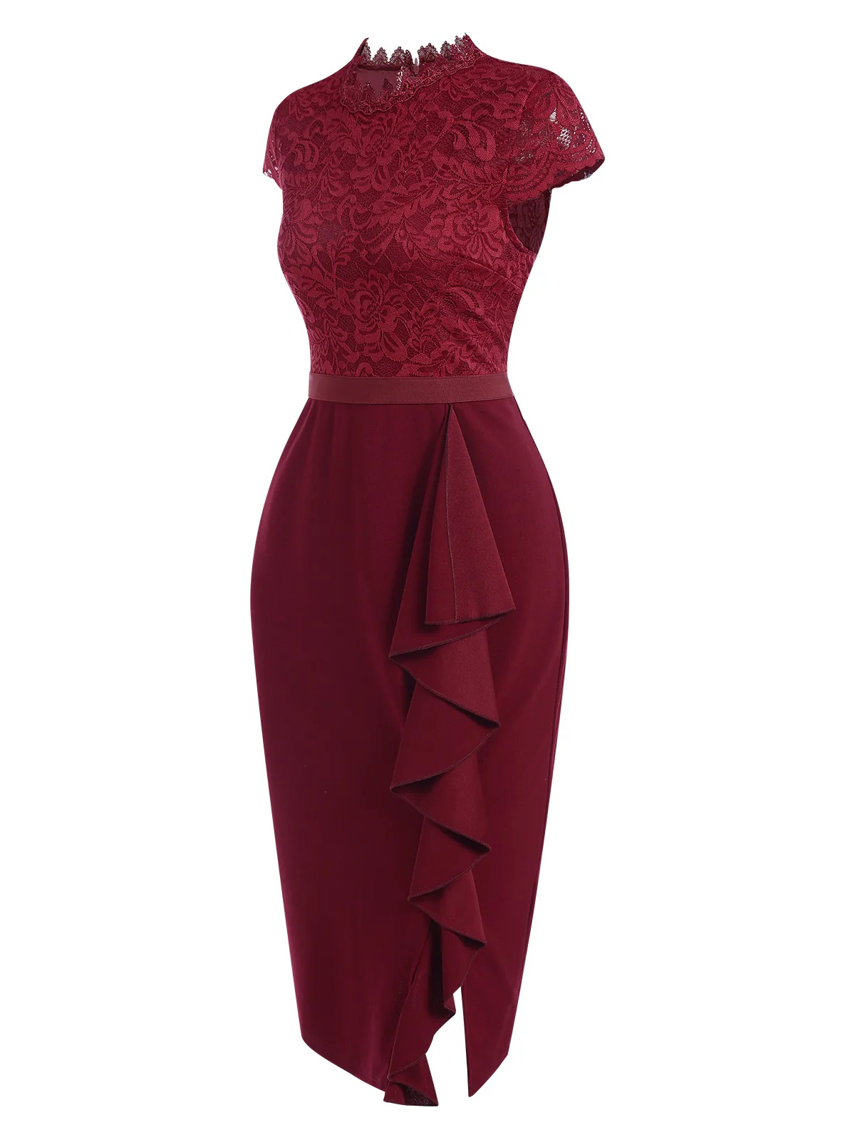 Wine Red 1960s Lace Patchwork Pencil Dress - Image 3