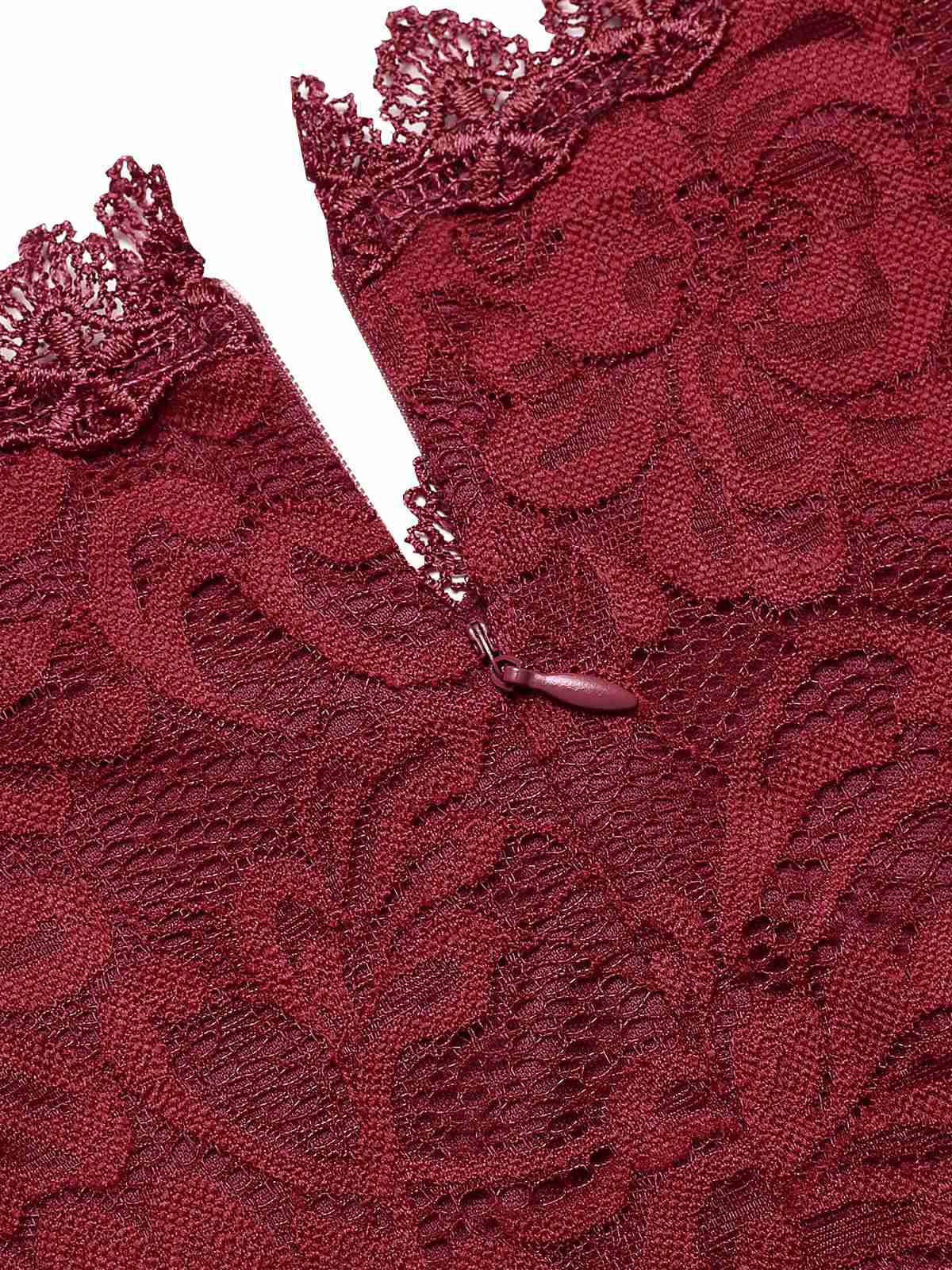 Wine Red 1960s Lace Patchwork Pencil Dress - Image 4